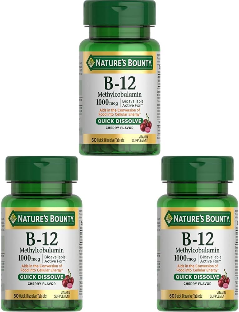 Nature's Bounty Vitamin B-12 Quick Dissolve Tablets, 1000mcg, Aids in The Conversion of Food into Cellular Energy, Cherry Flavor, 60ct (Pack of 3)