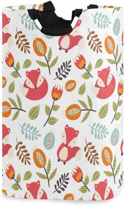 JULOE Large Laundry Hamper Cute Fox Flower Leaf Canvas Fabric Laundry Basket Collapsible Toy Tidy Storage Bin Organiser 22.7"