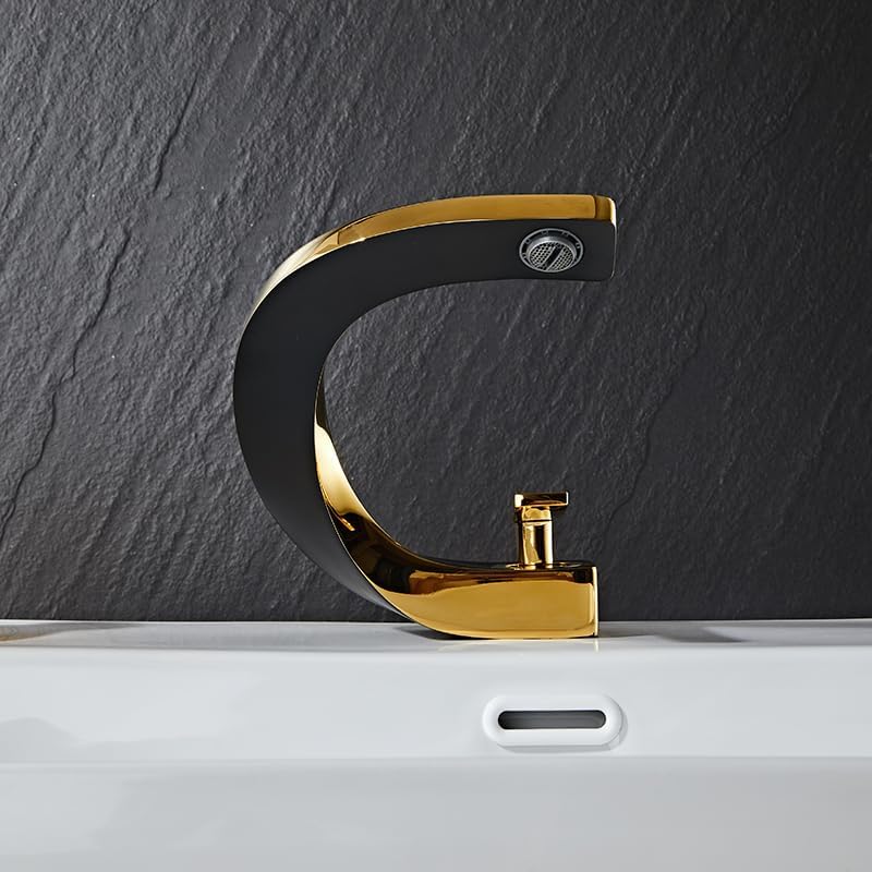 Modern Bathroom Sink Basin Faucet Brass Single Hole Single Handle Deck Mount Cold and Hot Mixed Creative Design Tap Including Two US Standard 3/8 Hoses Black Gold Style B - Image 2