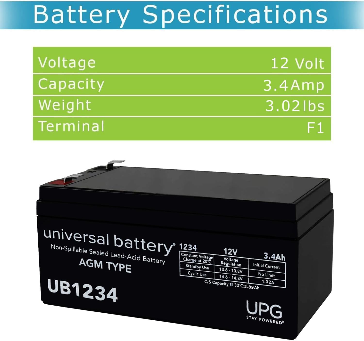 Universal Power upg-ub1234 Battery 12v 3.4ah [Camera]