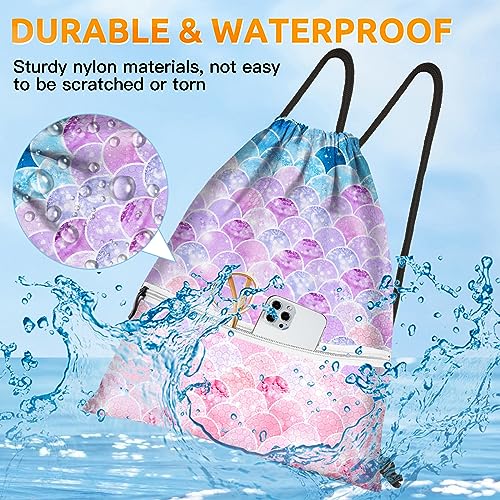 Slohif Drawstring Backpack Beach Swim Bag for Kids Draw String Dance Travel Cinch Ballet Gym Bags for Girls Boys Mermaids Waterproof Backpack for Swimming Summer Camp Pool Sports Nylon Large2