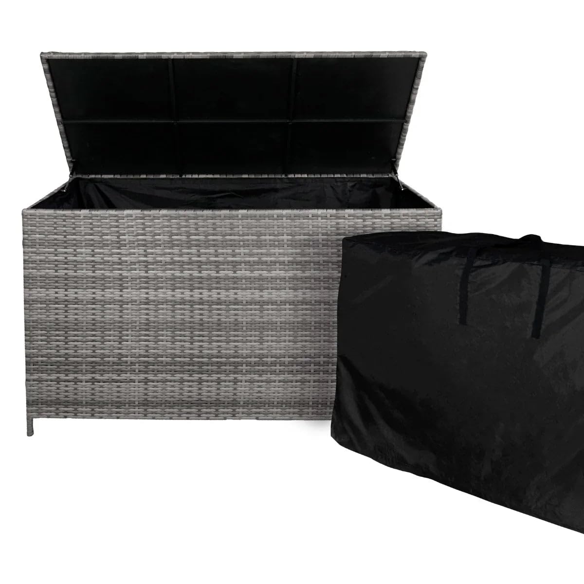 582L Rattan Kissenbox & Wasserdichte Tragetasche | Outdoor Truhe für große Kissen Decke Werkzeug Spielzeug Möbel | Mit Stahlramen, Gasbetriebener Liftdeckel & Rollen | UV- & wetterbeständig [Grau]