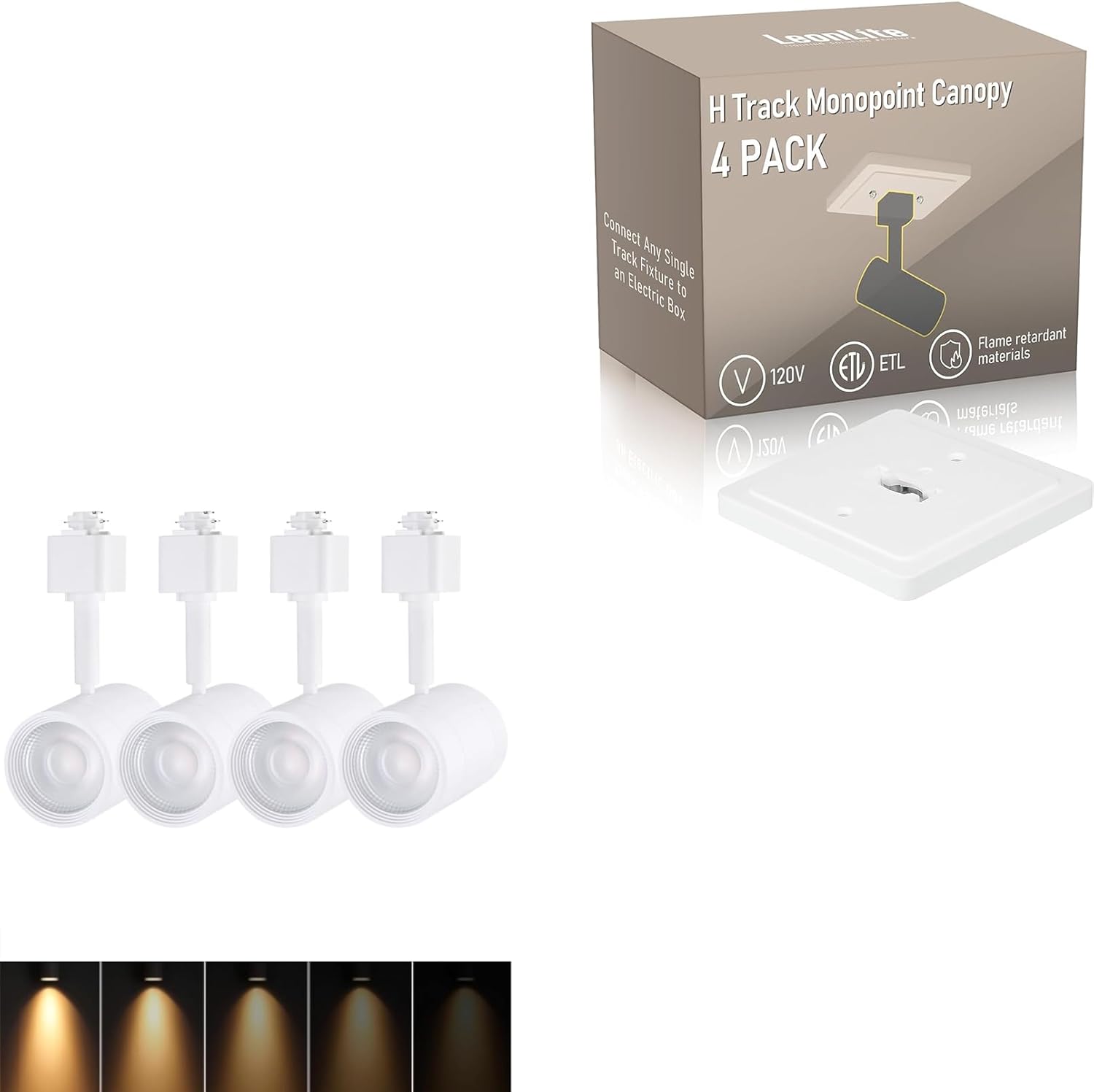 LEONLITE LED Track Lighting Heads Bundle H Track Monopoint Canopy, 4-Pack 8.5W H Type Track Light, 2700K, White & 4-Pack 120V, for H Type Track Lighting System, White