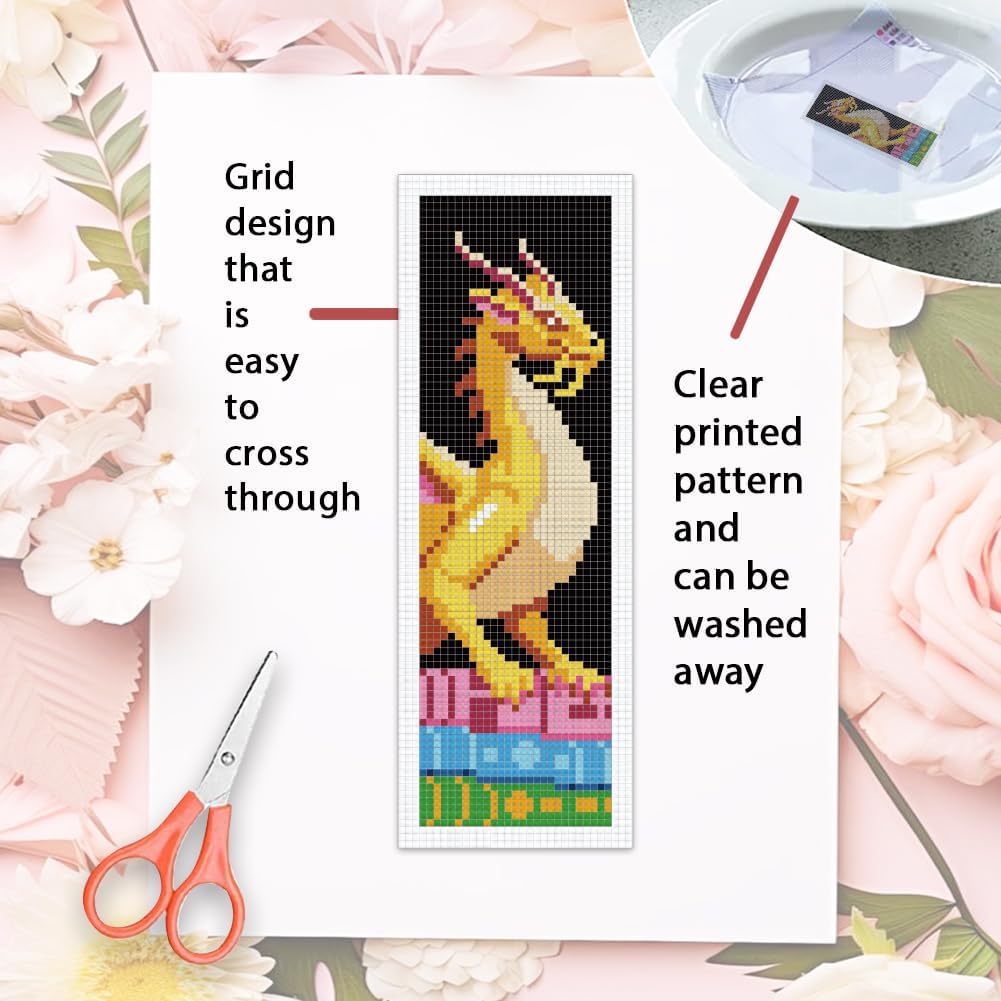 ORIGACH 6 Set Dragon & Book Cross Stitch Bookmark Kit for Beginner with Backing Felt Floss Instructions DIY Stamped Embroidery Bookmark Kit for Adults, Book Lovers