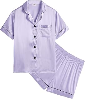 Kids Satin Pajamas Sets Girls Boys Button-Down Pjs Short Sleeve Silk Nightwear 2 Piece Lounge Sets