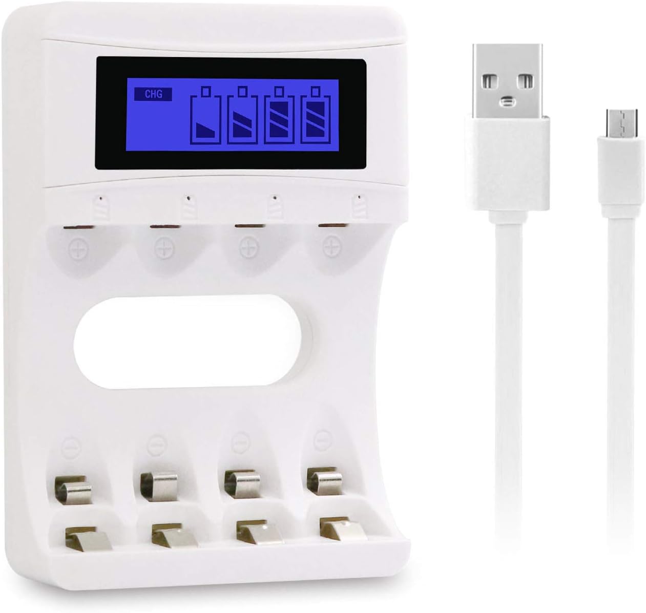 ARCHE LCD Display Speedy Universal Battery Charger with USB Cable, 4 Slot Smart Charger for Rechargeable Batteries Ni-MH Ni-Cd, A AA AAA Li-ion 18650