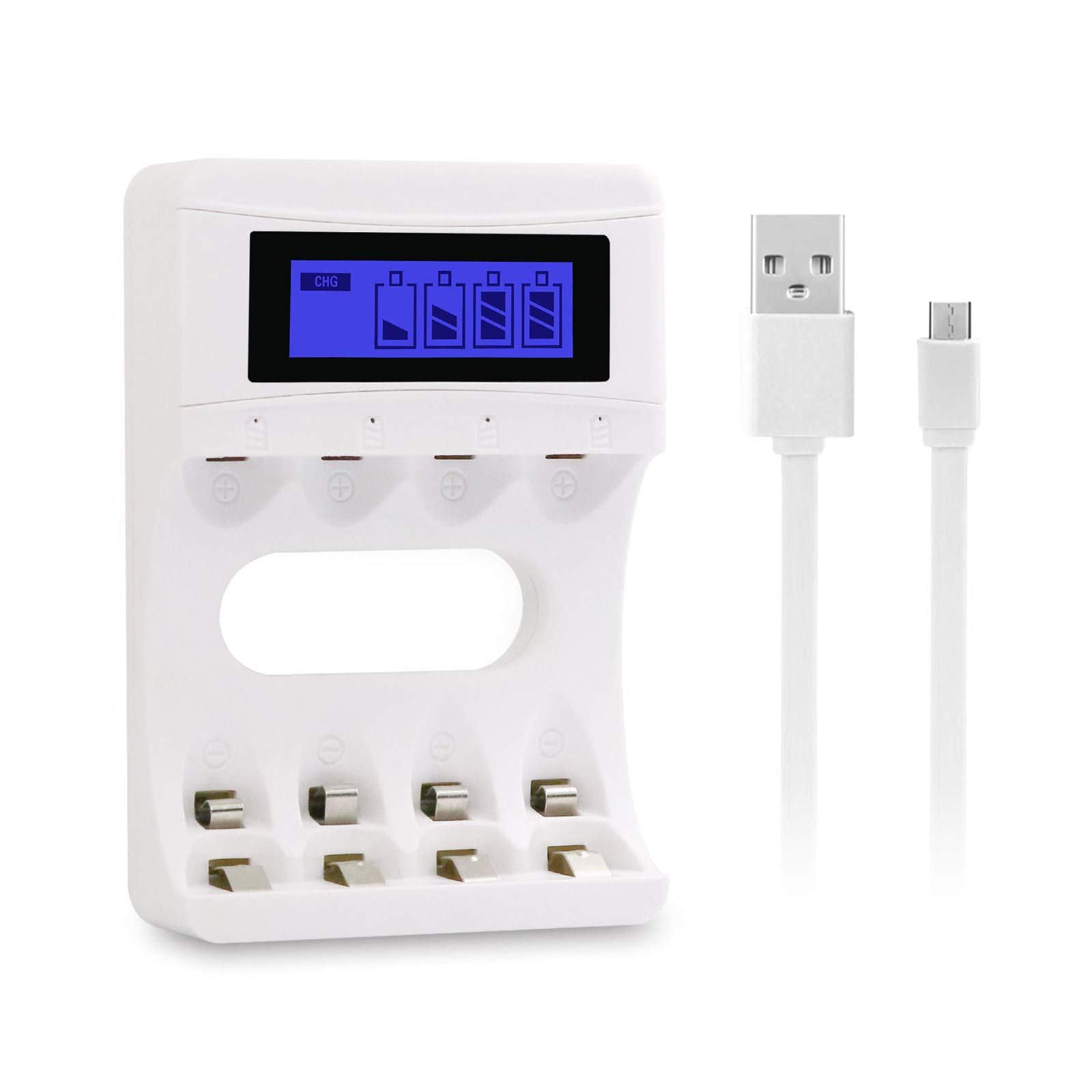 ARCHE LCD Display Speedy Universal Battery Charger with USB Cable, 4 Slot Smart Charger for Rechargeable Batteries Ni-MH Ni-Cd, A AA AAA Li-ion 18650