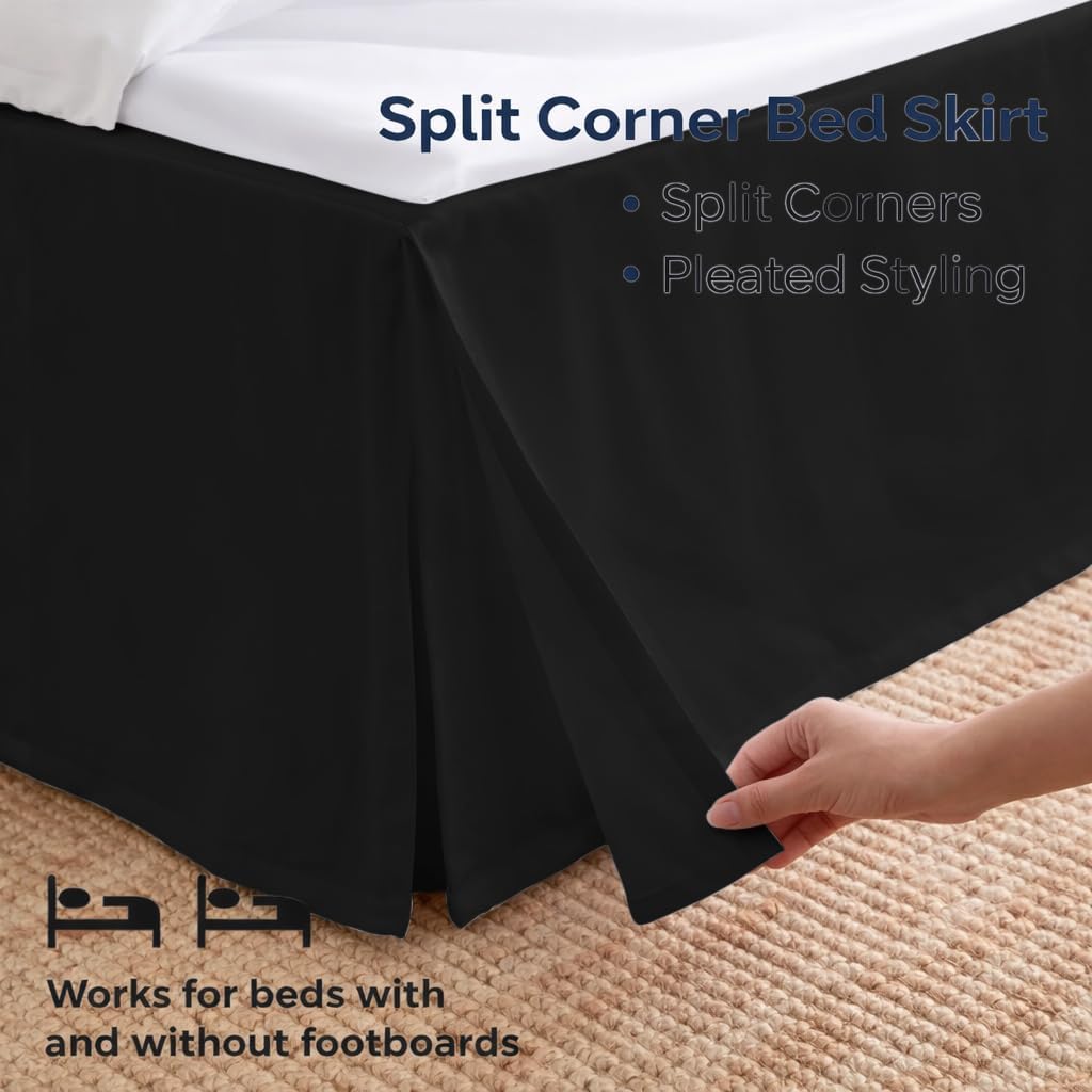 Bed Skirt Queen Size Pleated Style by Comfort Beddings 100% Cotton Blend Fabric, Premium Tailored Fit 1pc Bedskirt Queen Size 19" Drop Length Black Solid