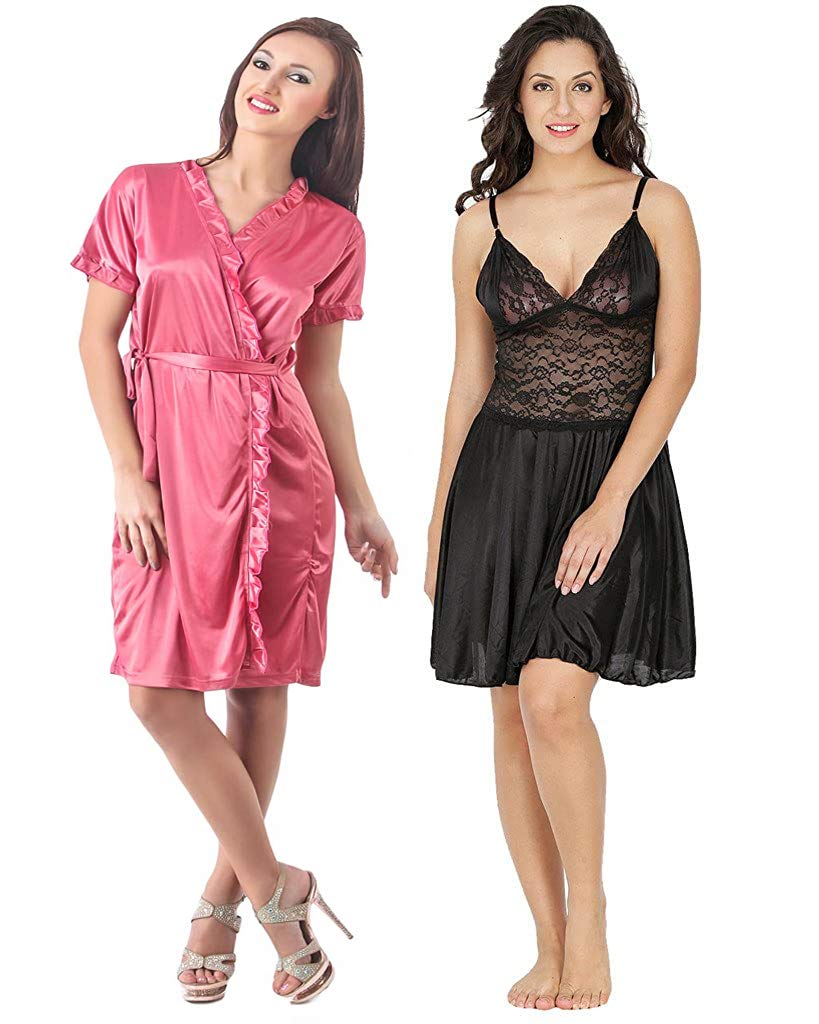 PINKHUBWomen's Babydoll Nighty with Robe Combo Pack Free Size (Colour-Black Pink)