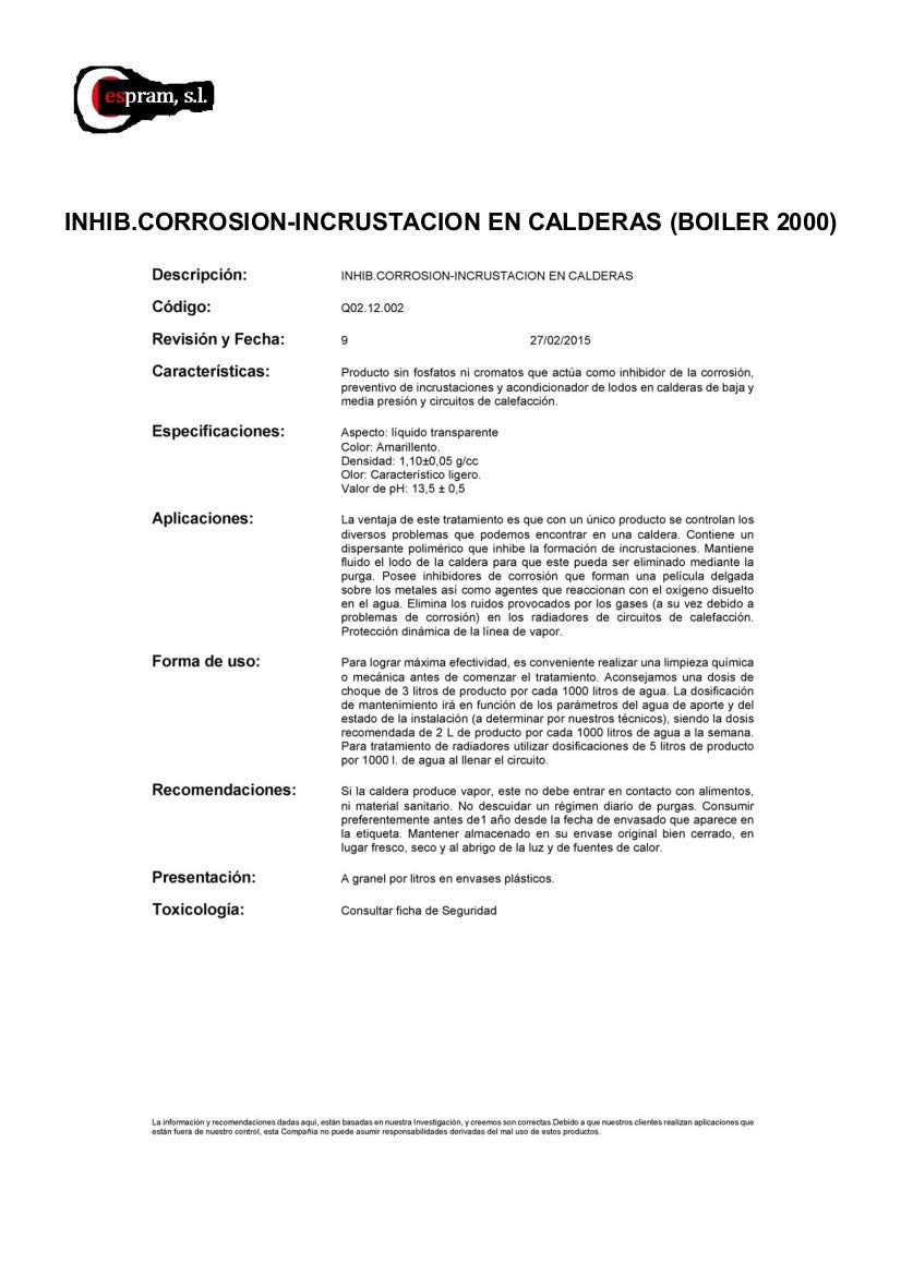 Inhibidor incrustación y corrosión en calderas. Boiler 2000. Envases de 5, 10 y 30 litros. (10)