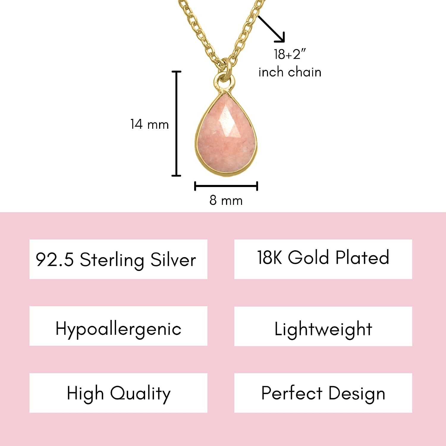 Pink Opal Necklace for Women, Premium Gold Pear Drop Necklaces - Tarnish Free 18K Gold Vermeil Certified S925 Classic Statement Gold Jewelry for Women - Mothers Day Gifts for Mom Wife