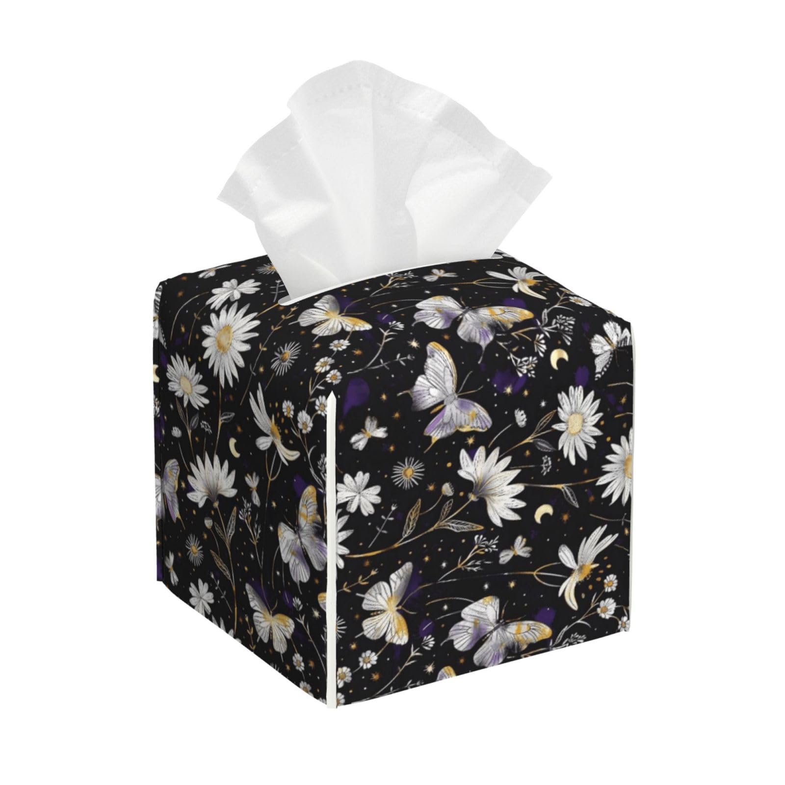 Dreamy Daisy Butterfly Print Tissue Box Cover Holder Square, Foldable Modern Cube Tissue Box Cover, Leather Decorative Organizer for Tabletop Bathroom Car Office Desk Decor