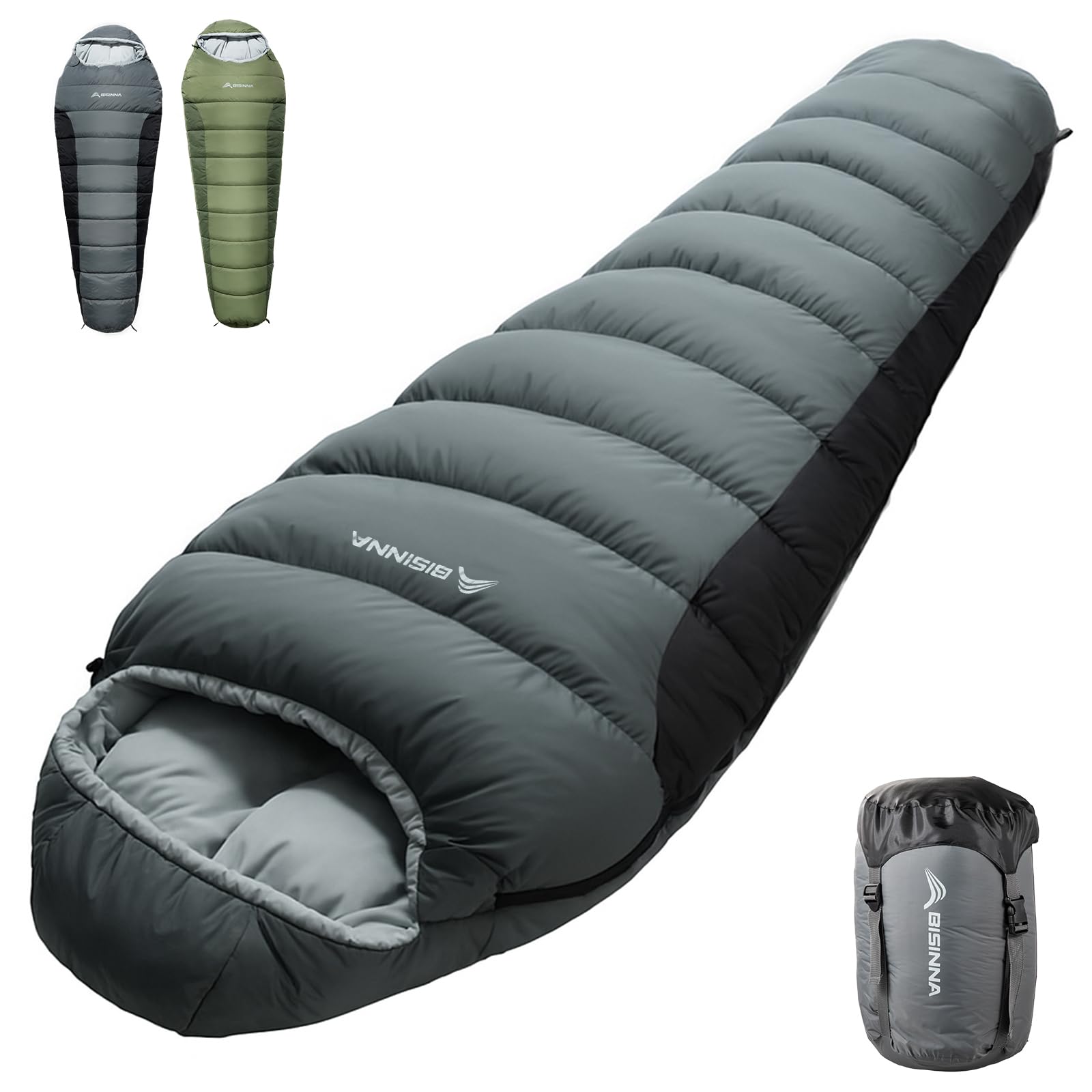 BISINNA 4 Season Mummy Sleeping Bag for Adults Cold Weather with Adjustable Hood, Phone Pocket for Hiking, Camping, Traveling, Adults & Kids (Grey)