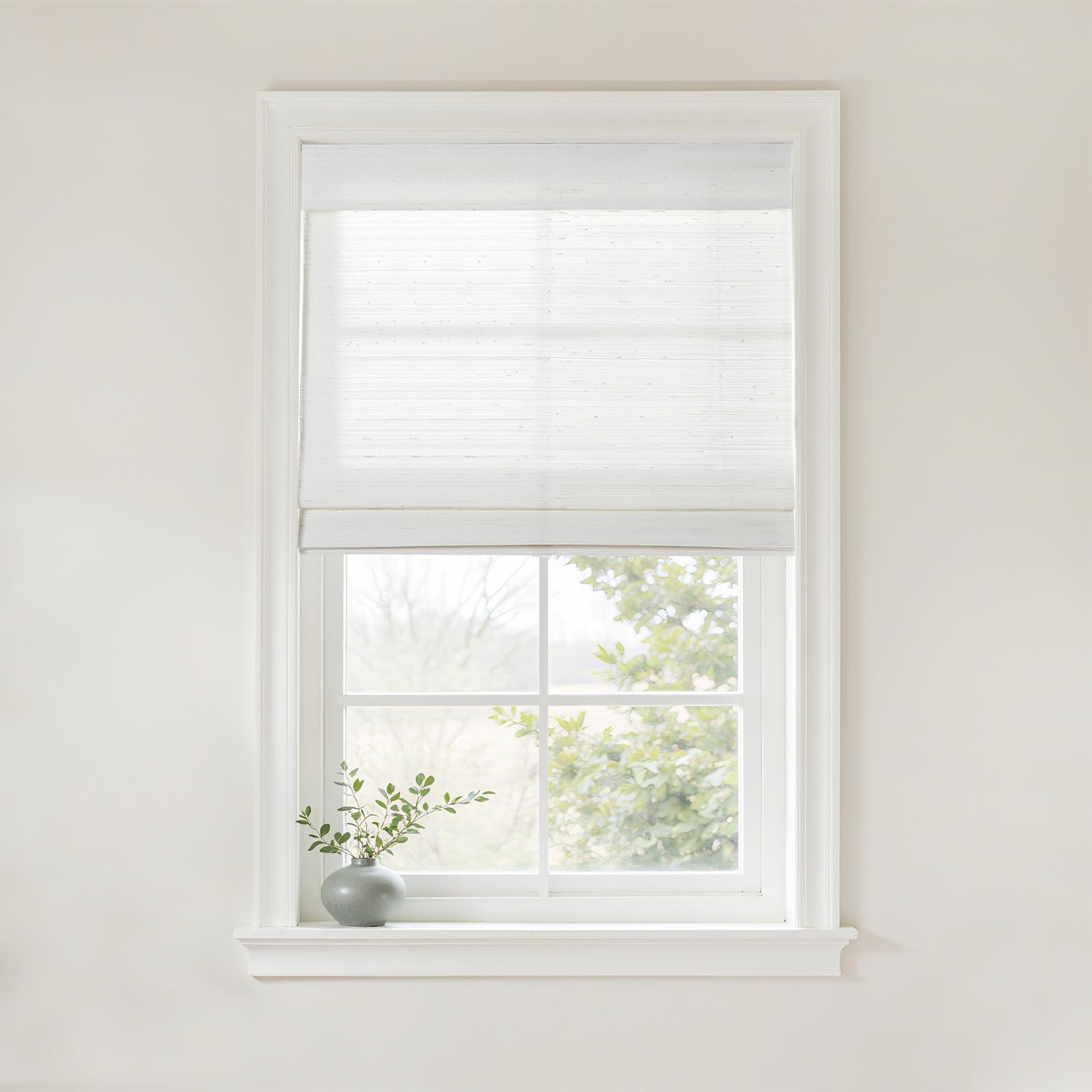 TWOPAGES Natural Woven Motorized Roman Shades, Custom Remote Control Bamboo Blinds for Indoor Windows French Door Kitchen, Rattan White