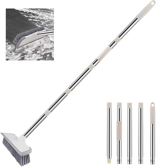 Homipooty Scrubber with a 157 cm long handle, stiff brush, removable long handle, cleaning brush, adjustable stainless steel handle, brush with stiff bristles for cleaning tiles