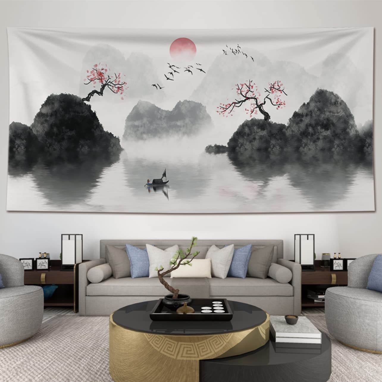 Amazon.co.jp: [DLAWF] 中国 古風 タペストリー 水墨画 山水画 