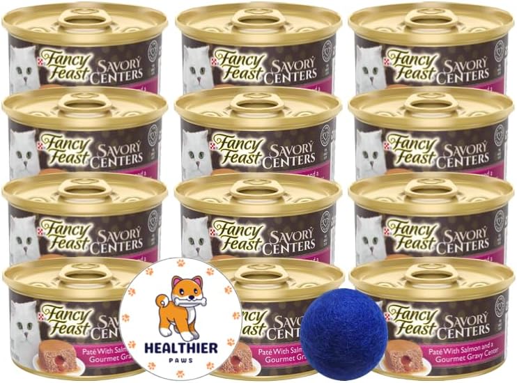 Fancy Feast Pate Wet Cat Food, Savory Centers Pate with Salmon and a Gourmet Gravy Center 3 oz. 12 Cans with Healthier Paws Sticker Plus…