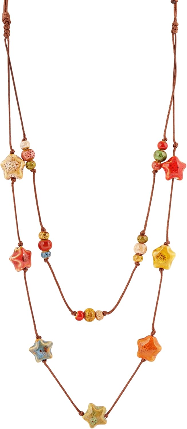 MINACHI Hippie Boho Double Layered Colorful Ceramic Heart Round Bead Necklace, Bohemian Jewelry Gifts for Women