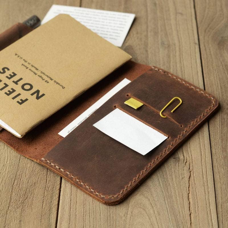 Refillable genuine Tooled Leather Journal Cover for pocket size field notes notebook pen holder card slots/fit 3.5 x 5.5" - 302 - Distressed Brown
