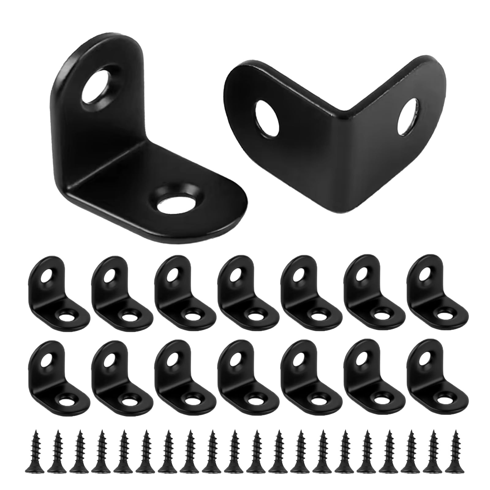 16pcs Small Angle Brackets, 20 × 20mm L Brackets, Right Angle 90 Degree Bracket with 32 Screws, Stainless Steel Corner Bracket for Wood for Furniture Desk Table Shelf Corner Braces- Black