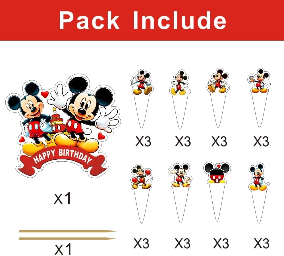 25pcs Mickey Cake Decorations with 24pcs Cupcake Toppers, 1pcs Cake Topper for Mickey Birthday Party Supplies