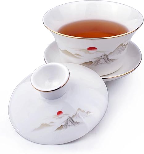 Gaiwan - Juego de taza de té Sancai de porcelana blanca grande de 16.9 fl oz, tapa para el sol hermosa montaña (16 onzas grande)