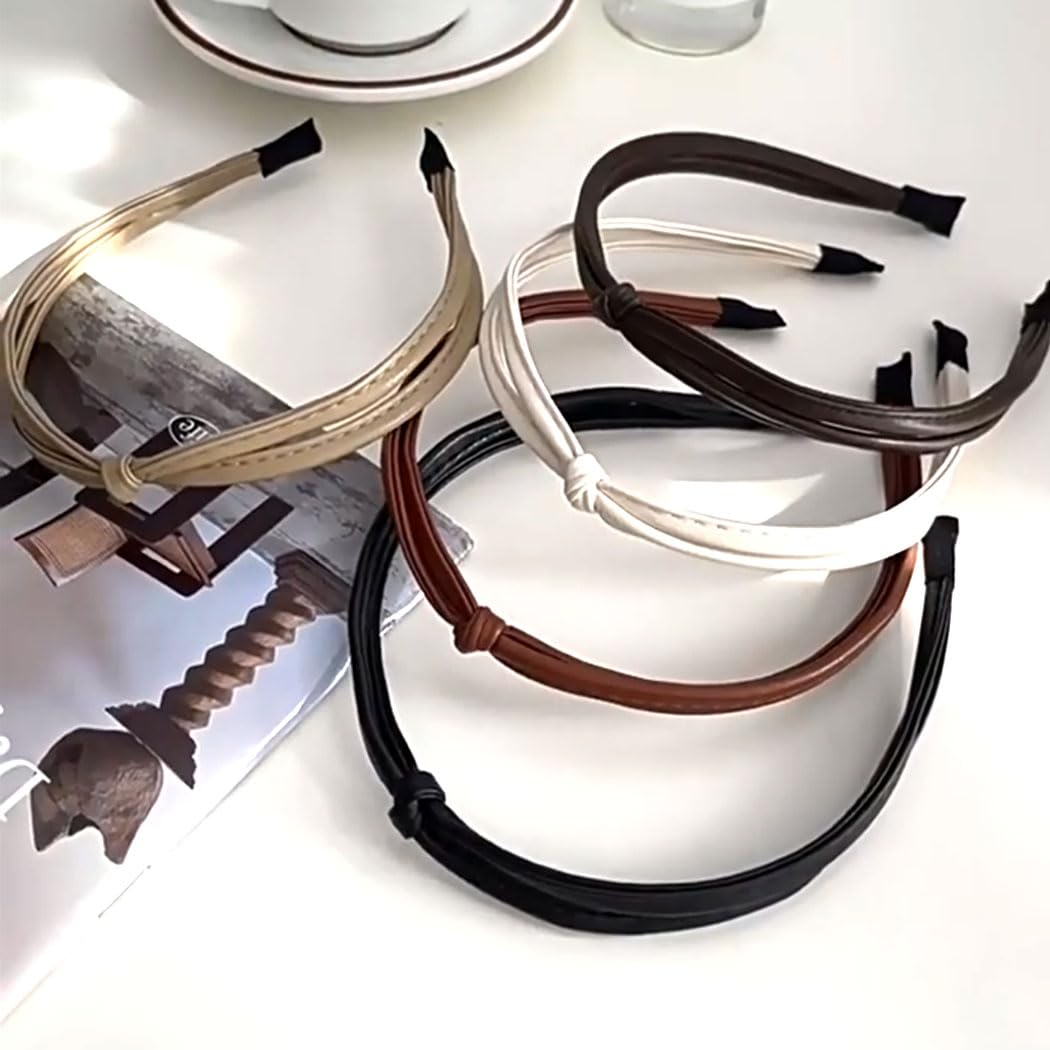 Black Brown White Leather Headbands Thin Cute Knotted HairBands Fashion Kont Hair Accessories for Women and Girls (5 Pcs)