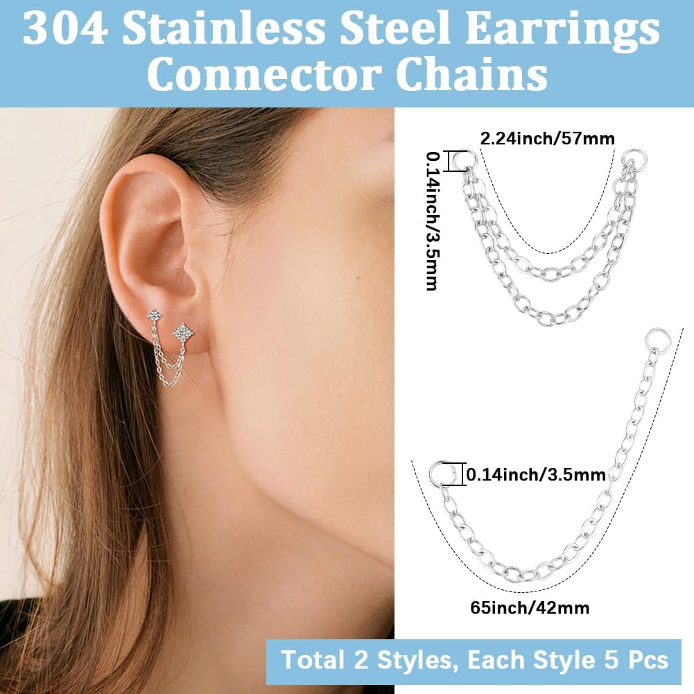 Beebeecraft 10Pcs 2 Styles Earrings Connector Chains 304 Stainless Steel Convertible Dangle Chain for Double Piercings Ear Cartilage Non-Tarnish for Jewelry Making DIY