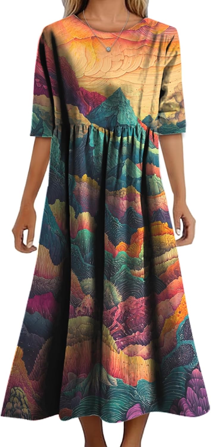 Women's Summer Maxi Dress Casual Boho Stylish Cotton Short Sleeve Flowy High Waist ...