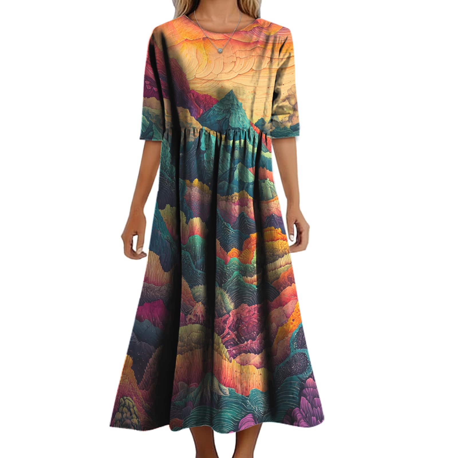 Womens Summer Maxi Dress Casual Boho Stylish Cotton Short Sleeve Flowy High Waist Long Beach Sundress