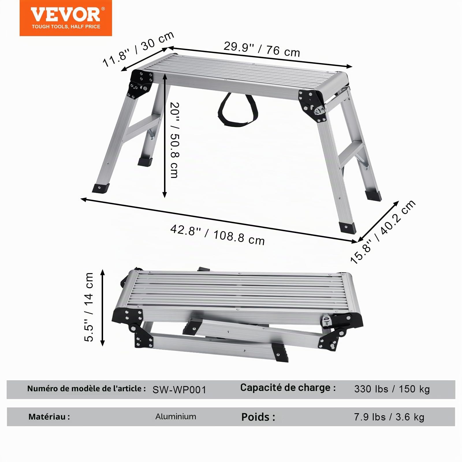 VEVOR Plateforme de Travail 150 kg Établi Pliant 76x30x50,8 cm Marchepied en Aluminium Pieds Antidérapants Table de Travail Bricolage de Cloisons Sèches pour Lavage de Véhicules Peinture Décoration