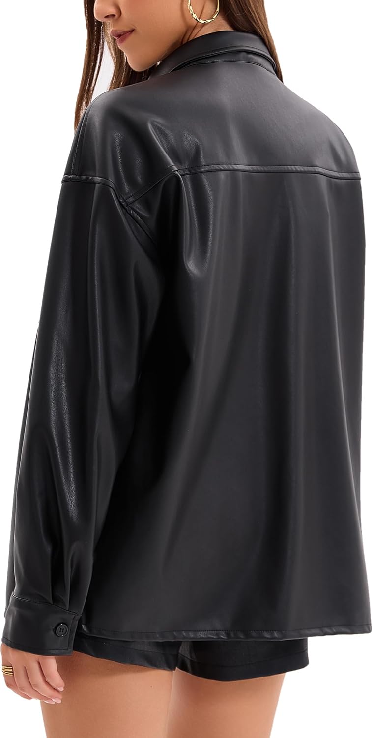 Women's Faux Leather Button-Down Shirt Jacket Lightweight Long Sleeve PU Blouse Shacket Tops - Image 3