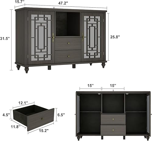 Miniatura 2 de ECACAD Aparador de buffet con 4 compartimentos de almacenamiento y 4 puertas de espejo tallado, mesa de consola de cocina, gabinete de
