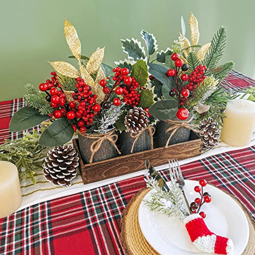 Set Of 3 Small Christmas Floral Arrangement Assorted Holly Red Berry Pine Cone Picks Artificial Christmas Picks In Rustic Galvanized Pots With Wood Box For Farmhouse Christmas Centerpiece Table Decor #TOP4
