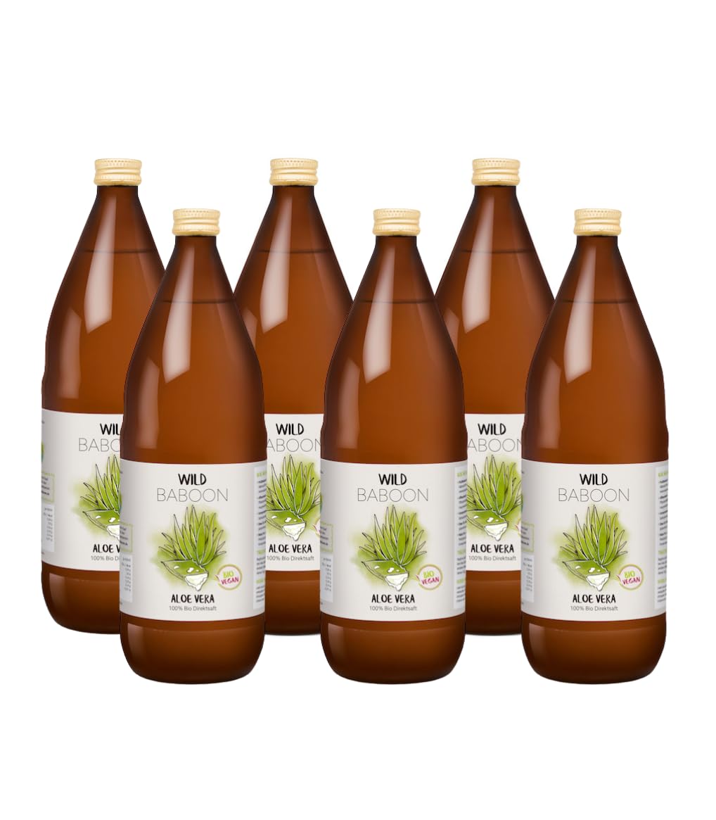 Aloe Vera Saft, 100% BIO Direktsaft, garantierte Aloverose: 1200mg/Liter, 6 x 1 Liter, nachhaltiger Anbau durch Familienbetrieb, Braunglas, Vegan, DE-ÖKO-005