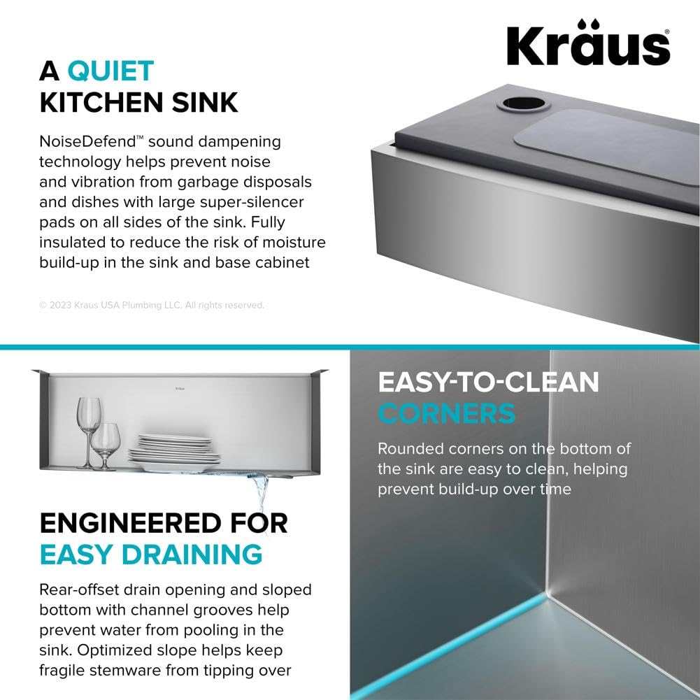KRAUS Kore KWF210-27 Tablier de ferme en acier inoxydable de calibre 16 avec accessoires 68 cm