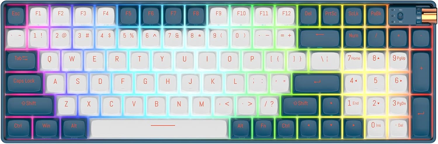 YUNZII R100 Wireless Mechanical Keyboard, 1800 Layout Tri-Mode Wired/Wireless Gaming Keyboard, Hot Swappable RGB Backlight, for Gamers/Mac/Win (TTC Gold Pink,R100 Blue)