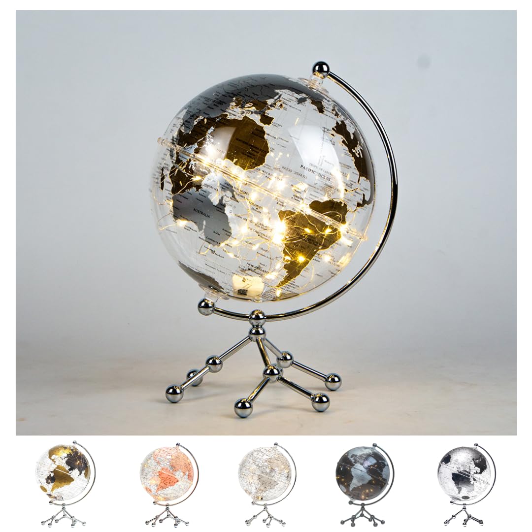 Globo Mappamondo Illuminato LED 20 CM Base in Metallo – Lampada da Tavolo con Mondo Decorativa per Casa, Ufficio, Scuola – Rotazione Manuale 360° – Idea Regalo Educativa Bambini (Argento)