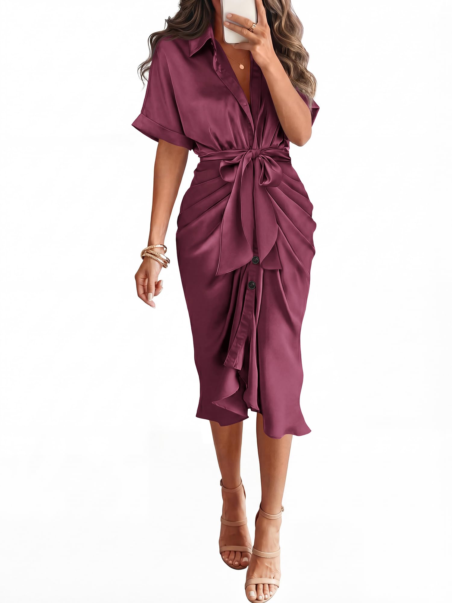 Photo 1 of BTFBM Dresses for Women Summer Button Short Sleeve Silk Satin Ruched Spring Maxi Dress 2026 Cocktail Party Wedding(Purple Red, Large)