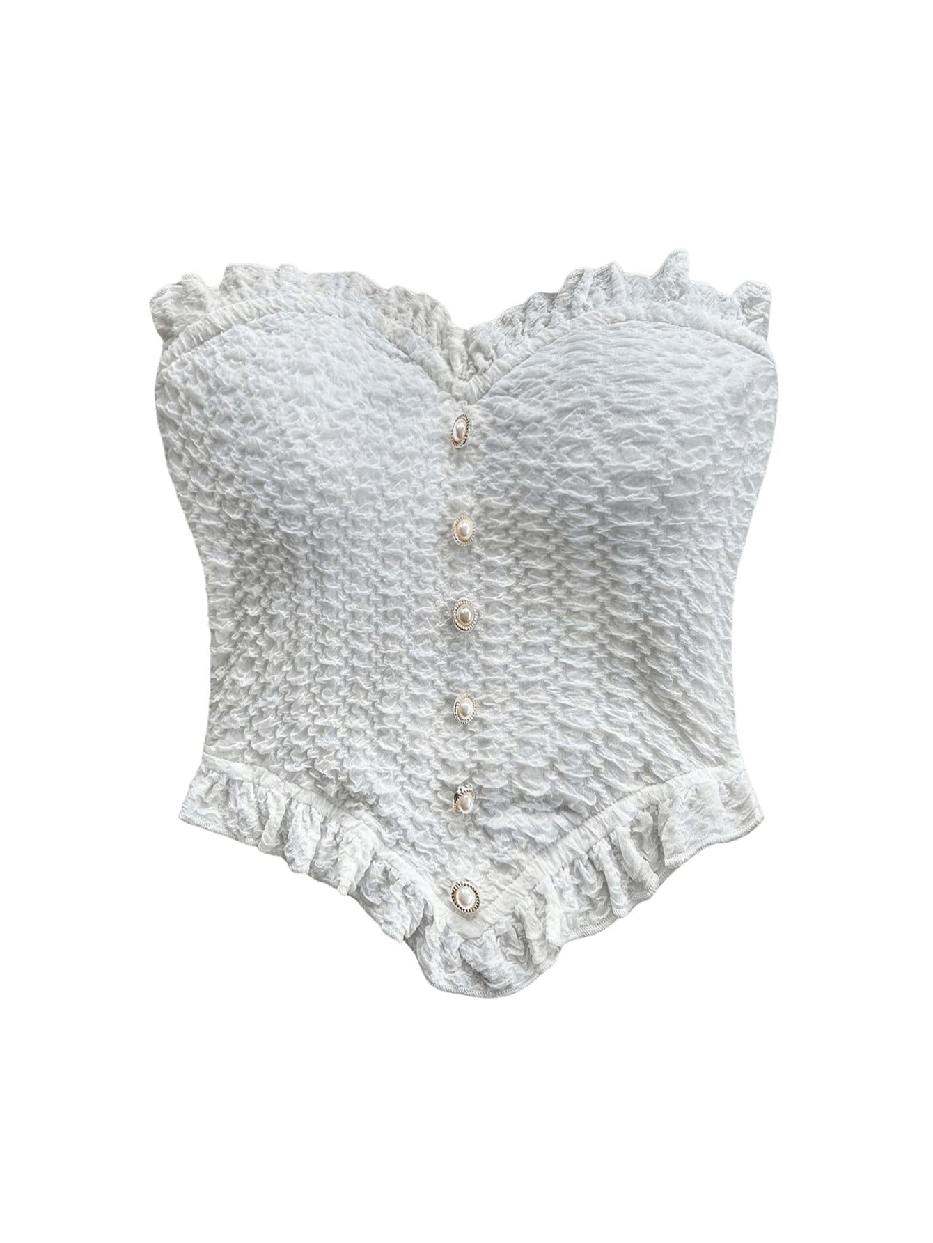 OYOANGLE Women's Textured Pearl Tube Top Strapless Ruffle Trim Asymmetrical Hem Bandeau Crop Tops