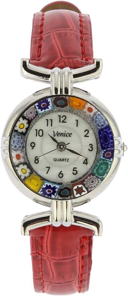 Glass Of Venice Murano Millefiori Watch with Leather Band - Silver Red Multicolor