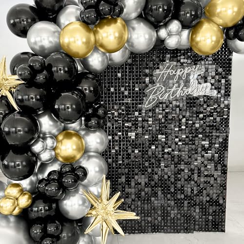Image of 4FT x 6FT Black Shimmer Wall Backdrop,Shiny Sequins,24PCS Sequins Backdrop Decoration Panels, Glitter Bling Photo Background Decorations for Birthday Party Wedding Engagement Anniversary Graduation