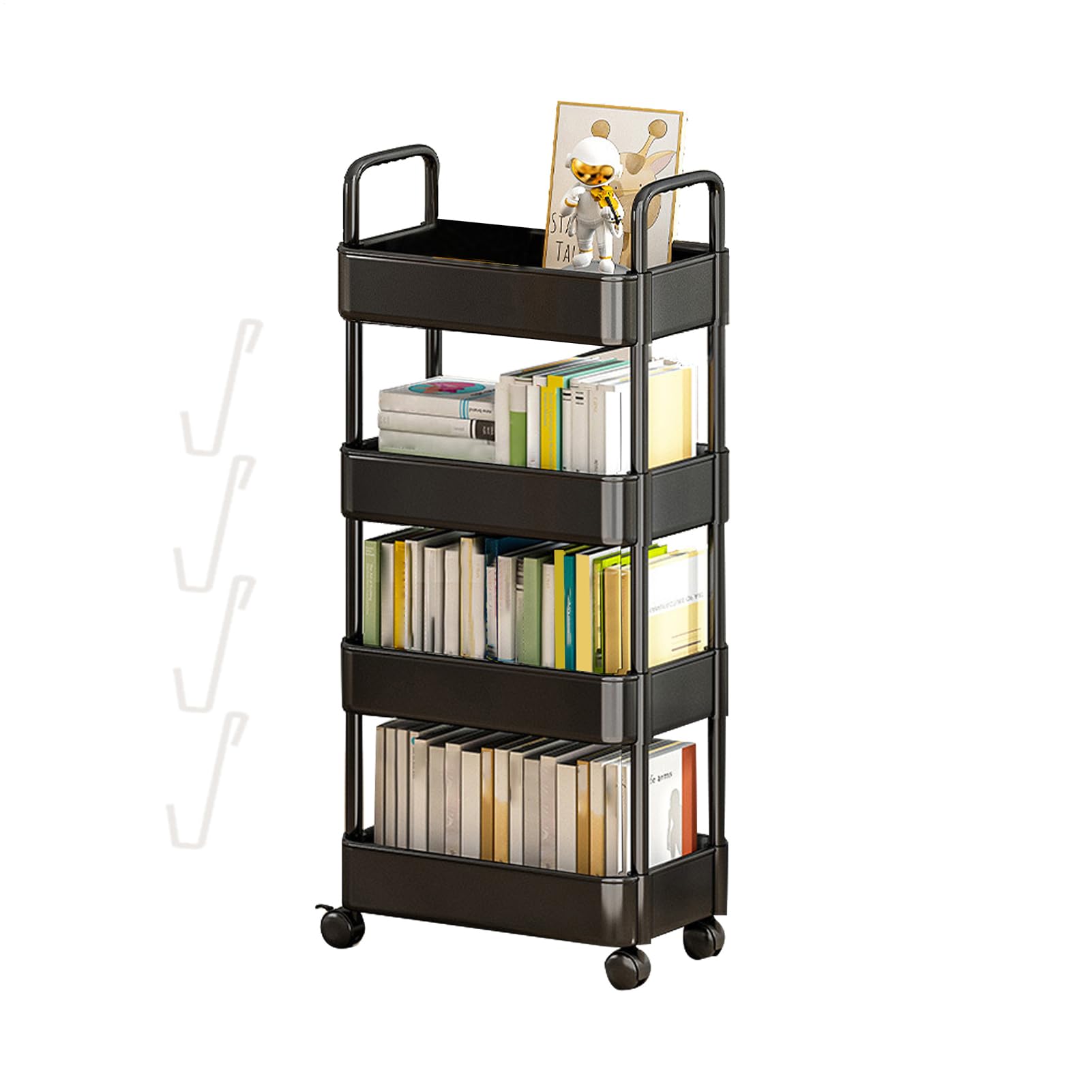 Organizador de almacenamiento para libros, estante con ruedas y ganchos, para aperitivos a 3/4 niveles, organizador de almacenamiento móvil para la organización de la m