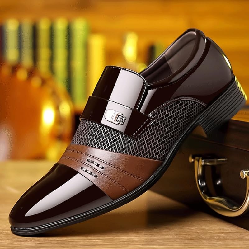 Men's Breathable Leather Wingtip Brogue Oxfords Slip On Pointed Toe Classic Formal Business Shoes Mens Vintage High Gloss Dress Shoes4