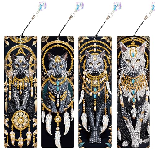 Image of 4-Piece Dreamcatcher Cat Diamond Painting Bookmarks Set for Adults - DIY 5D Rhinestone Art Bookmark Kits with Tassels, Beautiful Diamond Art Bookmarks for Crafts and Gifts