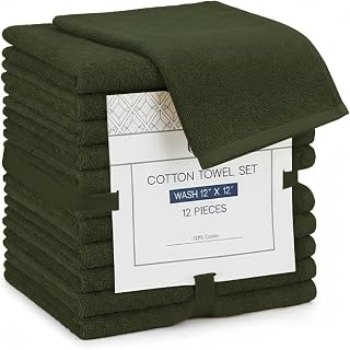 Linteum Textile Supply Premium 12x12 Washcloth (Army Green) – 100% Cotton Zero Twist Towels | Absorbent, Quick Dry, Durable for Bathroom, Spa, Gym (12 Pack)