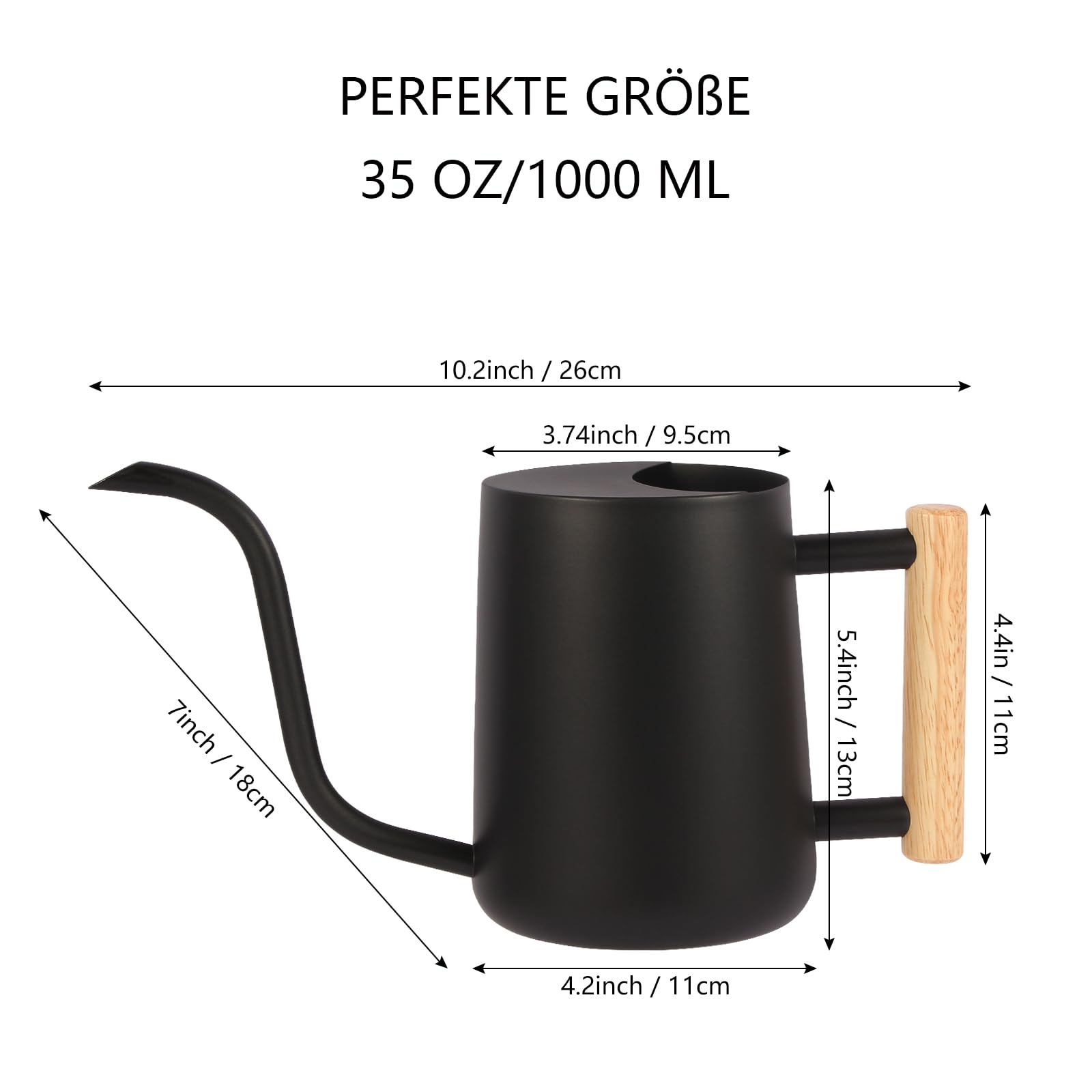 Annaffiatoio per piante da interno, 1 l, piccolo annaffiatoio per interni, in metallo, in acciaio inox, moderno, con beccuccio lungo, per casa, piante, bonsai all'aperto, fiori (nero)