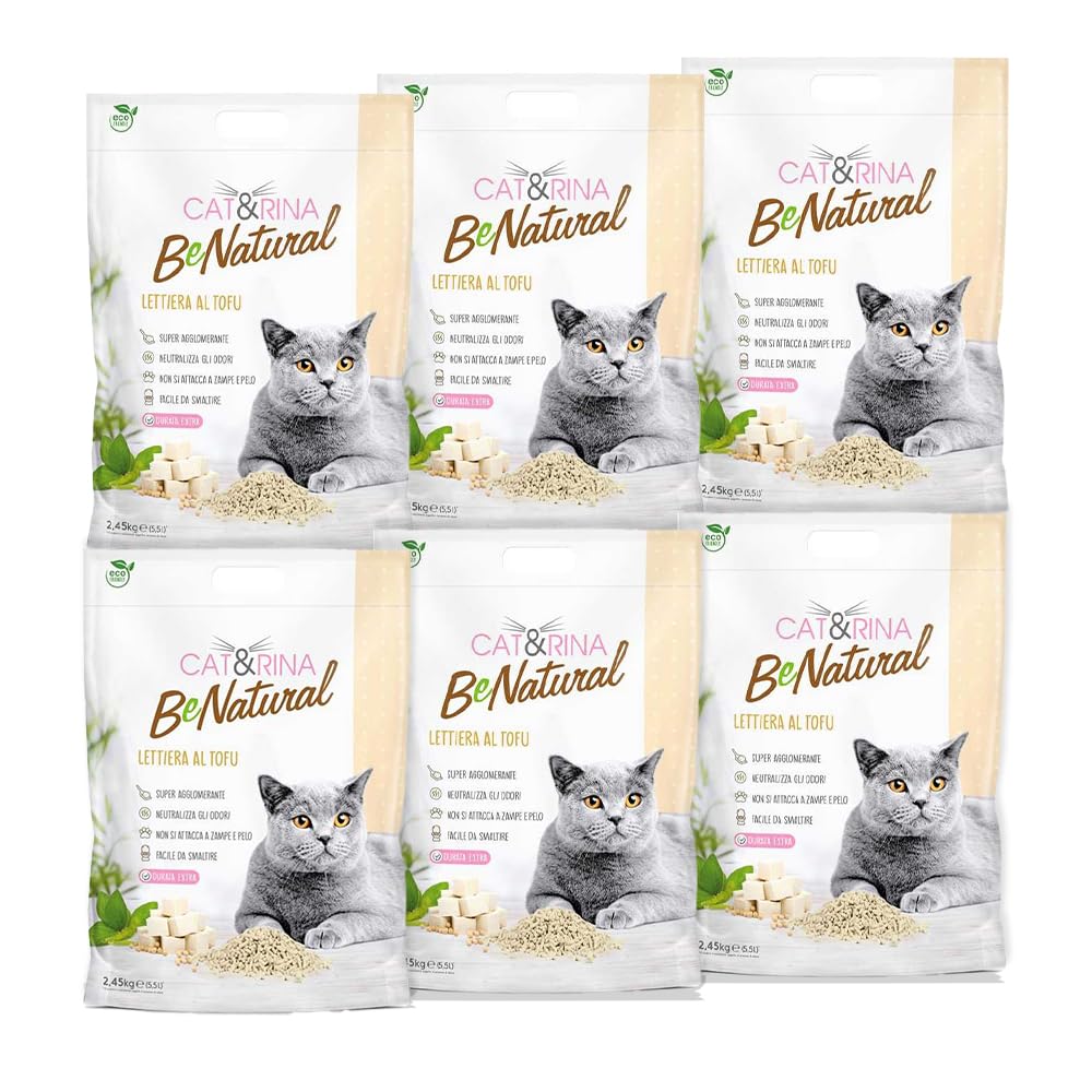 Cat&Rina BeNatural, lettiera per gatti al tofu da 5,5l Agglomerante e Vegetale. Fino a 30 giorni di utilizzo. Si smaltisce nell'organico o nel wc. Sabbia gatti anti odore Classica, 6 pezzi