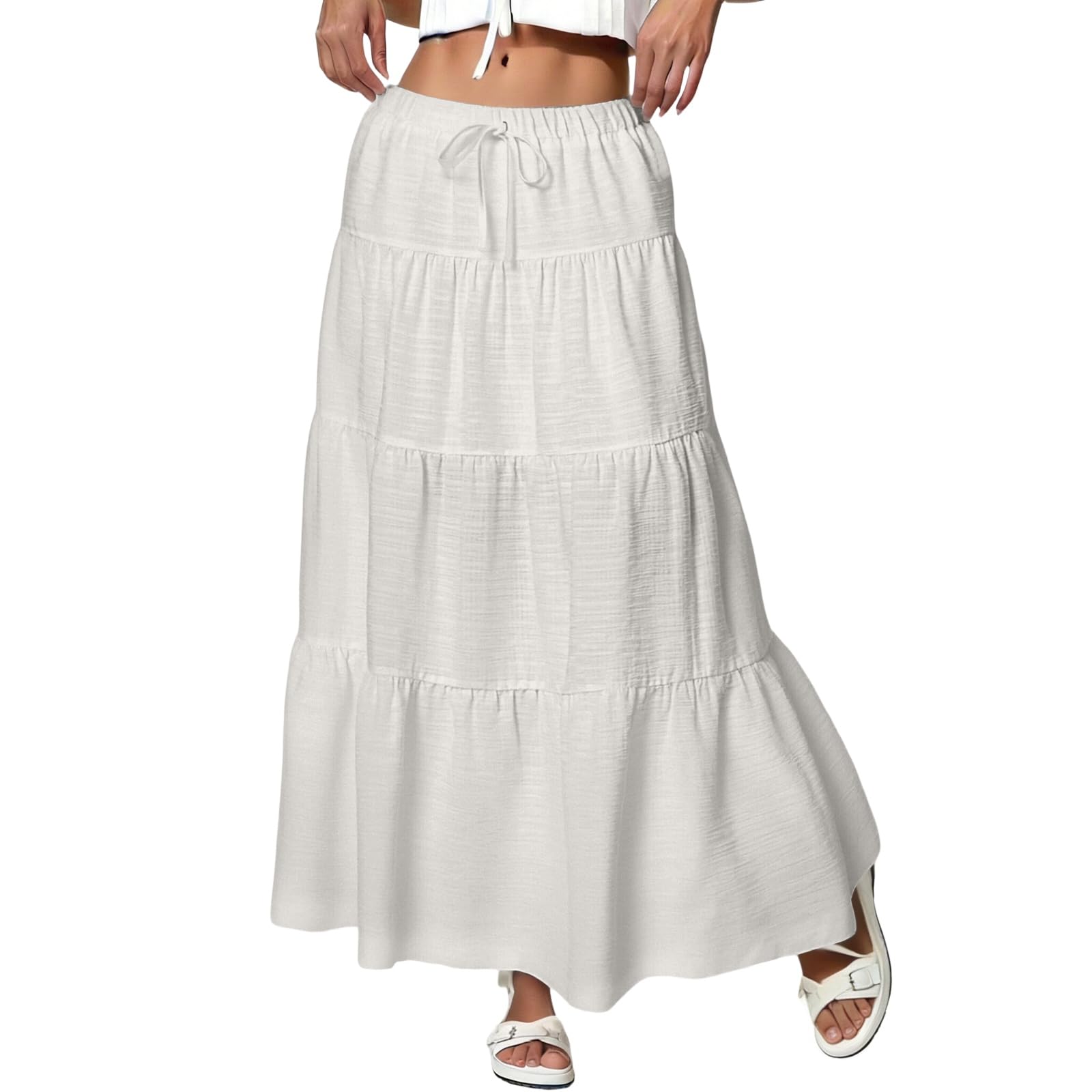 Flowy Long Skirts for Women Trendy Summer High Waisted Ruffle Tiered Maxi Skirt Boho Beach Pleated A Line