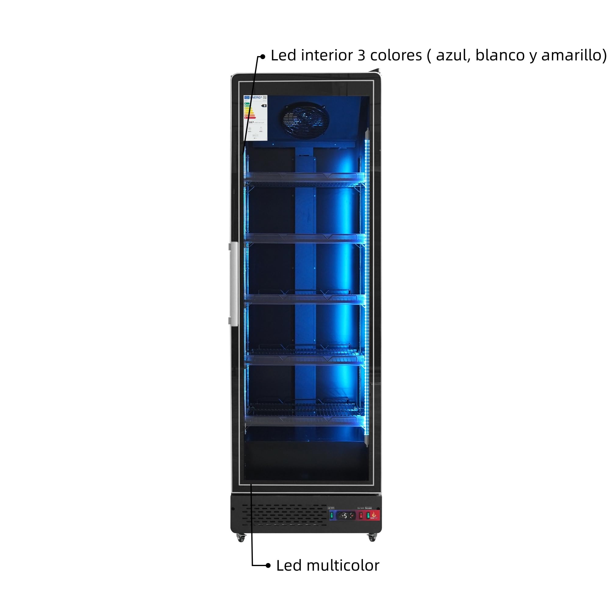 Armario Expositor Refrigerado Profesional | 1 Puerta Cristal, Sub-Zero, 450L, Luz LED Multicolor, Control Digital CAREL, Ventilado, Clase Energética B, Acero Inox Negro